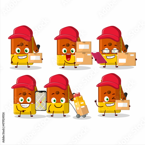 Cartoon character design of orange pencil sharpener table working as a courier