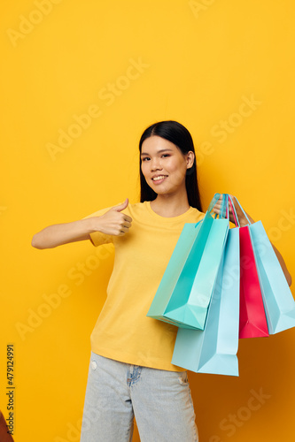 pretty brunette fashion shopping posing isolated background unaltered