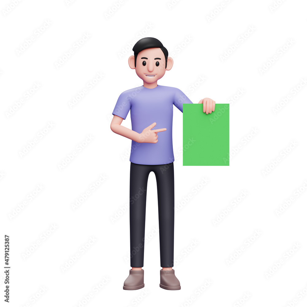 3d Character illustration Casual man holding green paper with his left hand, and pointing with his right hand