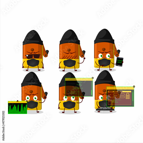 A Hacker orange pencil sharpener table character mascot with