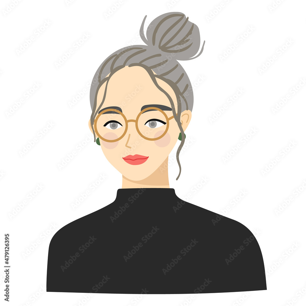 Female with bun hair and glasses. Vector illustration of a smiling expression. Female with bun hair and glasses. Vector illustration of a smiling expression.