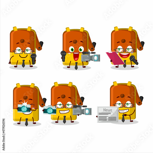Character reporter orange pencil sharpener table cute mascot with microphone