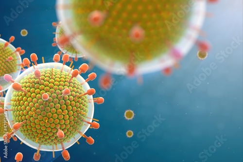 Paramyxovirus mumps , COVID pandemic, Close-up of virus under microscope. Realistic high quality medical 3d animation.