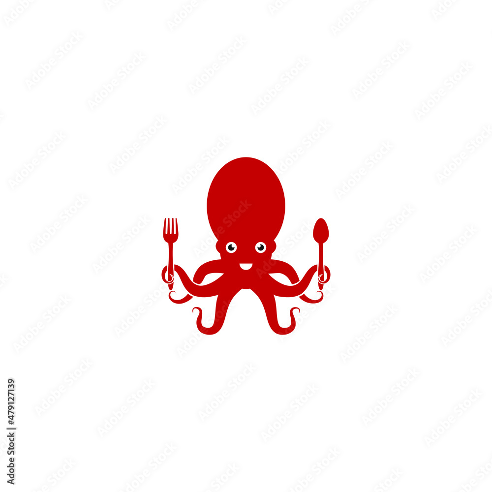 vector illustration of an octopus carrying a spoon and cutlery for a restaurant icon, symbol or logo. suitable for seafood restaurant business logo vector illustration of an octopus carrying a spoon and cutlery for a restaurant icon, symbol or logo. suitable for seafood restaurant business logo