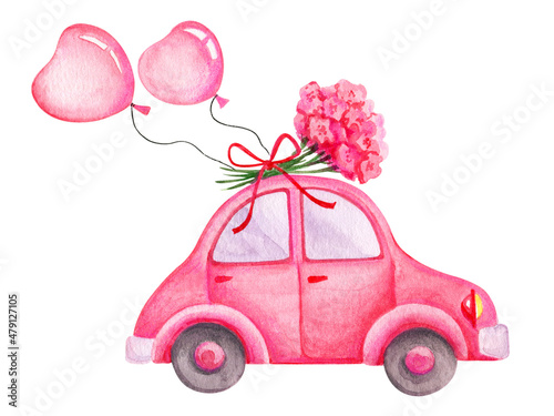 Pink car with bouquet of fpink flowers and balloons in shape of hearts. Watercolor illustration isolated on white. photo