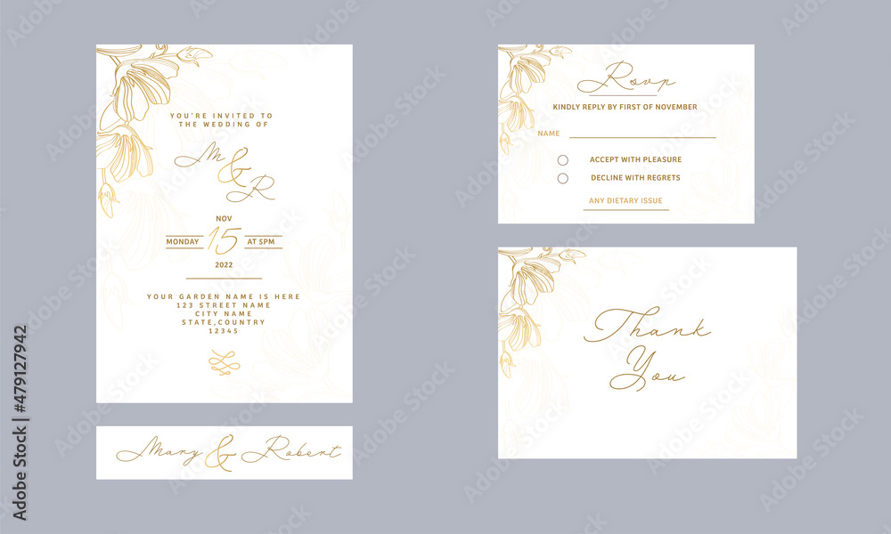 Wedding Card Suite Template Layout Decorated With Golden Linear Floral In White Color.