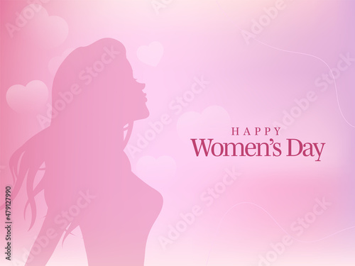 Happy Women s Day Font With Silhouette Young Lady And Hearts On Gradient Pastel Pink And Violet Background.