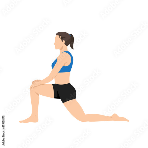 Woman doing Anjaneyasana or low lunge yoga pose,vector illustration in trendy style
