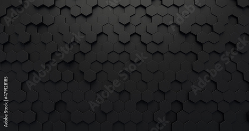 Black hexagon futuristic background. Abstract black backdrop in 3d rendering. Random of geometric pattern in technology style. Raster illustration