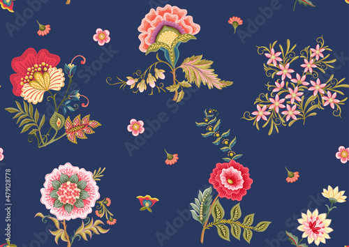 Fantasy flowers in retro, vintage, jacobean embroidery style. Seamless pattern on blue denim background. Vector illustration.