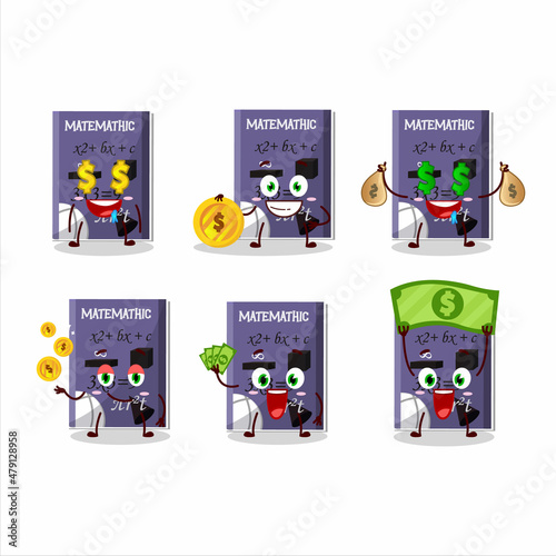 Matemathic book cartoon character with cute emoticon bring money