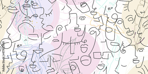One line drawing. Abstract face seamless pattern.