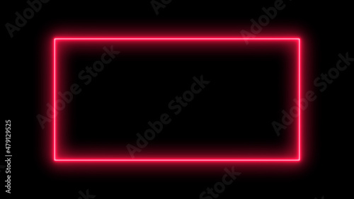 Neon rectangle banner. Abstract neon, led square, border. Futuristic colorful. Glow red light. Modern Neon Glowing Rectangle Frame Shaped Lines red Colored Lights In a black background
