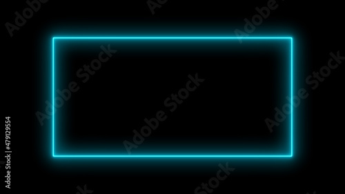 Neon rectangle banner. Abstract neon, led square, border. Futuristic colorful. Glow Turquoise light. Modern Neon Glowing Rectangle Frame Shaped Lines Turquoise Colored Lights In a black background
