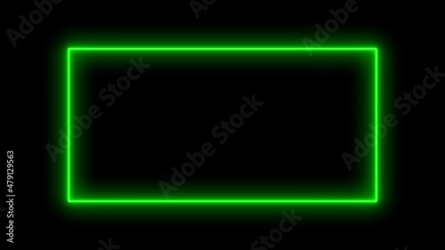 Neon rectangle banner. Abstract neon, led square, border. Futuristic colorful. Glow green light. Modern Neon Glowing Rectangle Frame Shaped Lines green Colored Lights In a black background