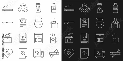 Set line Sugar stick packets, Coffee cup and heart, Barista, Electric coffee grinder, Newspaper, filter holder, Cigarette and Pour over maker icon. Vector