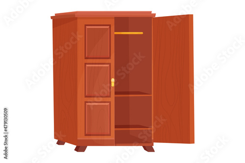Wooden wardrobe empty furniture with shelf in cartoon style isolated on white background. Cupboard, drawer interior object.