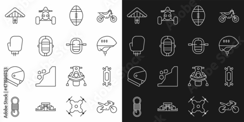 Set line Motorcycle, Longboard skateboard, Bicycle helmet, Rugby ball, Rafting boat, Boxing glove, Hang glider and icon. Vector