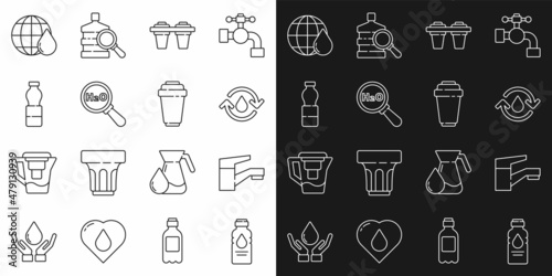 Set line Bottle of water, Water tap, Recycle clean aqua, filter, Chemical formula for H2O, Earth planet in drop and cartridge icon. Vector