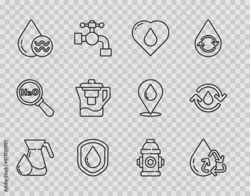 Set line Jug glass with water, Recycle clean aqua, Heart drop, Waterproof, jug filter, Fire hydrant and icon. Vector