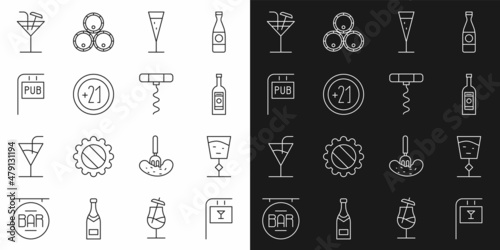 Set line Street signboard with Bar, Wine glass, Glass bottle of vodka, champagne, Alcohol 21 plus, Pub, Cocktail and corkscrew icon. Vector
