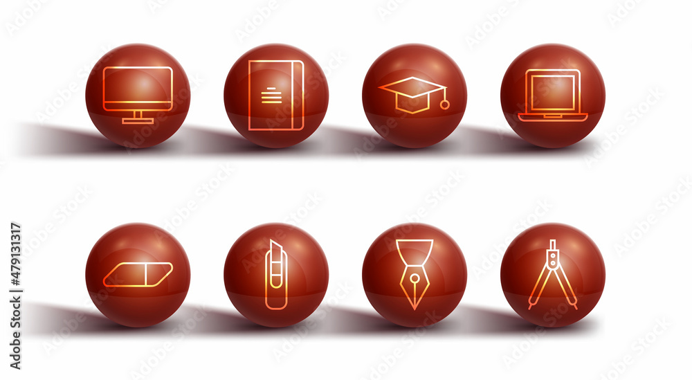 Set line Computer monitor screen, Eraser rubber, Laptop, Fountain pen nib, Stationery knife, Spiral notebook, Drawing compass and Graduation cap icon. Vector Set line Computer monitor screen, Eraser rubber, Laptop, Fountain pen nib, Stationery knife, Spiral notebook, Drawing compass and Graduation cap icon. Vector