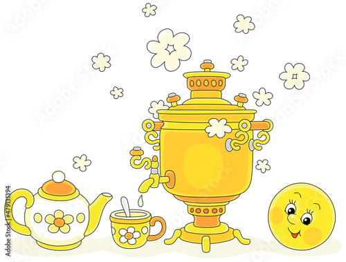 Freshly backed happy round loaf and an old samovar with boiling water in clouds of steam with a teapot and a cup for a traditional tea party, vector cartoon illustration on a white background