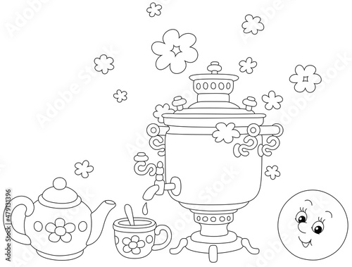 Freshly backed happy round loaf and an old samovar with boiling water in clouds of steam with a teapot and a cup for a traditional tea party, black and white vector cartoon for a coloring book page