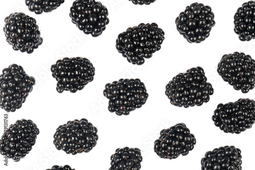Blackberries background. Blackberry fruits isolated over white background with clipping path. Macro shot fresh juicy blackberry isolated on white background