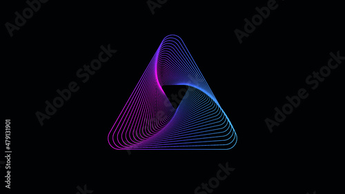Penrose triangle on a dark background. Impossible figure. pink blue neon light, abstract ultraviolet background, triangle shape, dynamic glowing lines, psychedelic vibrant colors, show stage, tunnel