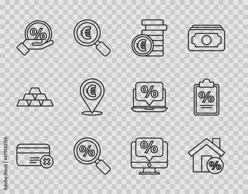 Set line Credit card remove, House with percant discount, Coin money euro symbol, Magnifying glass percent, Discount tag, Cash location, Percent and monitor and Finance document icon. Vector Set line Credit card remove, House with percant discount, Coin money euro symbol, Magnifying glass percent, Discount tag, Cash location, Percent and monitor and Finance document icon. Vector