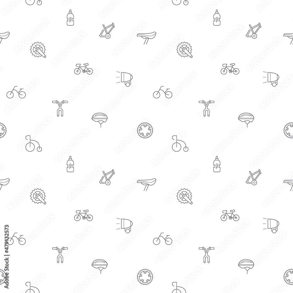 Seamless pattern with bicycle and bike icon on white background. Included the icons as sport, bike part, biking, exercise, vehicles, components, Helmet And Other Elements. Seamless pattern with bicycle and bike icon on white background. Included the icons as sport, bike part, biking, exercise, vehicles, components, Helmet And Other Elements.