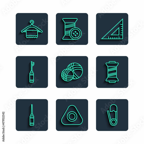 Set line Awl tool, Sewing chalk, Safety pin, Triangular ruler, Yarn ball, Hanger wardrobe and thread icon. Vector