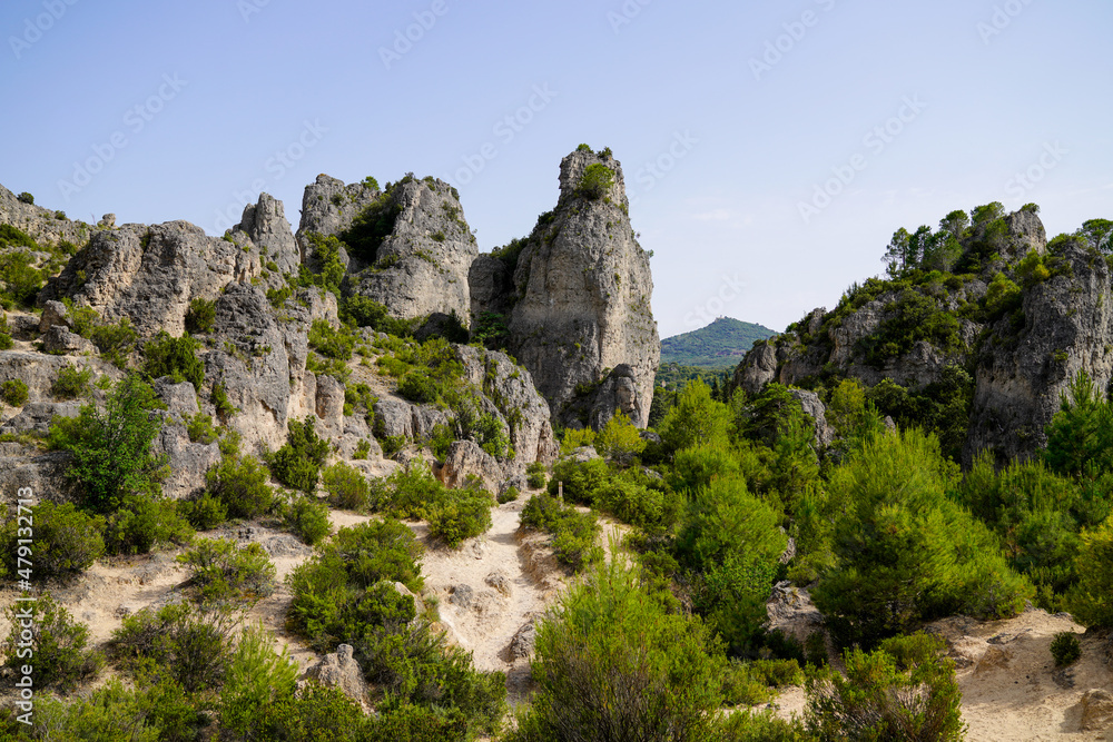 dolomites erosion of Moureze in Herault region rock stones peaks of different sizes in forest south french