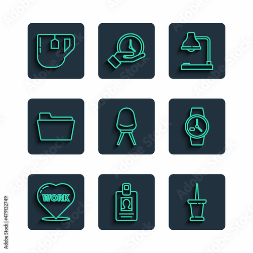 Set line Heart with text work, Identification badge, Push pin, Table lamp, Office chair, Document folder, Cup of tea tea bag and Wrist watch icon. Vector