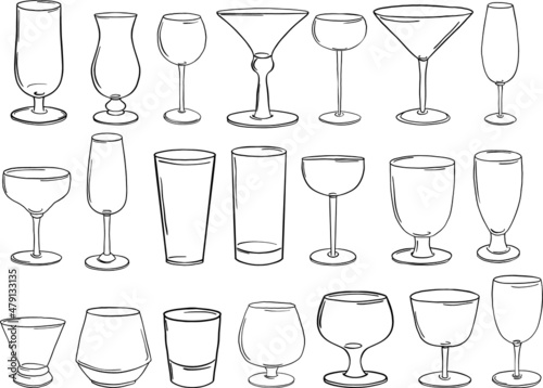 Hand drawn set of different glasses for drinks. Vector.