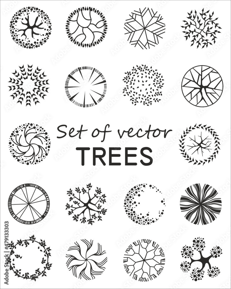 Trees for the master plan. Tree for architectural floor plans. Entourage design. Various trees, bushes, and shrubs, top view for the landscape design plan. Vector illustration.