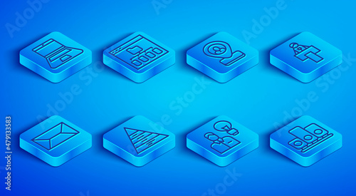 Set line Laptop, Browser files, Worker location, Pyramid chart infographics, Human with lamp bulb, Stage stand tribune, Envelope and Ranking star icon. Vector