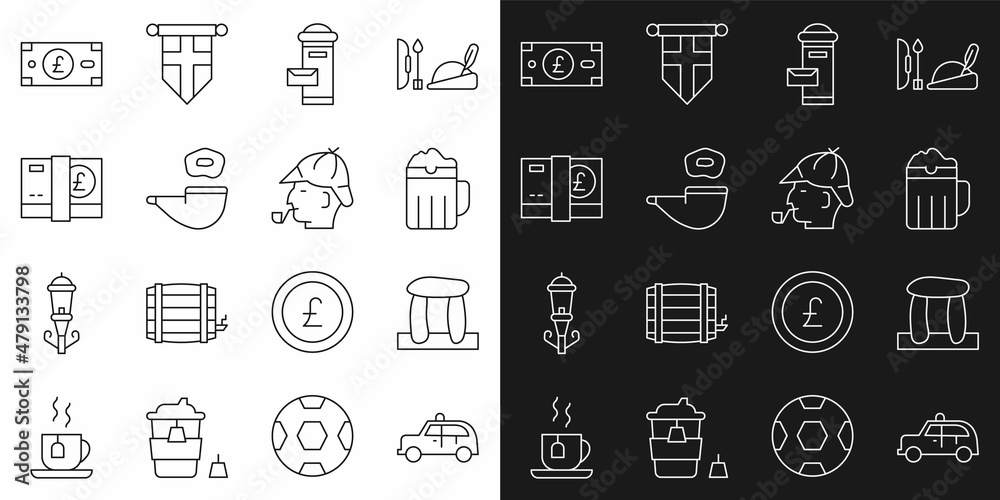Set line Taxi car, Stonehenge, Wooden beer mug, London mail box, Smoking pipe, Pound sterling money, and Sherlock Holmes icon. Vector Set line Taxi car, Stonehenge, Wooden beer mug, London mail box, Smoking pipe, Pound sterling money, and Sherlock Holmes icon. Vector