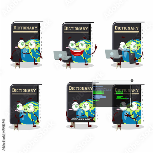 Dictionary book Programmer cute cartoon character with