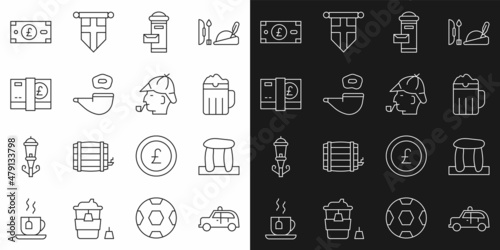 Set line Taxi car, Stonehenge, Wooden beer mug, London mail box, Smoking pipe, Pound sterling money, and Sherlock Holmes icon. Vector