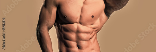 Banner templates with muscular man, muscular torso, six pack abs muscle. Sexy gay with bare chest. Athletic man on beige background. Guy with muscular body and torso.