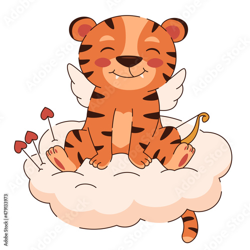 Fototapeta Naklejka Na Ścianę i Meble -  Cute cupid with a valentine arrow, happy smiling Amur tiger