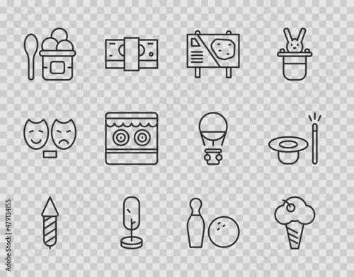 Set line Firework rocket, Ice cream in waffle cone, Amusement park billboard, Tree, bowl, Shooting gallery, Bowling pin and ball and Magic hat wand icon. Vector