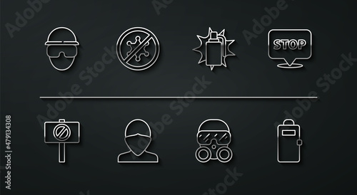 Set line Special forces soldier, Protest, Gas mask, Vandal, Police assault shield and Hand grenade icon. Vector