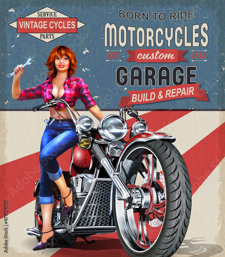 Vintage Garage poster with sexy girl  sitting on retro motorcycle.
