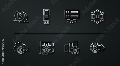 Set line Bitcoin, Cryptocurrency cloud mining, Blockchain technology, Pie chart infographic bitcoin, Video card, USB flash drive, and Server icon. Vector