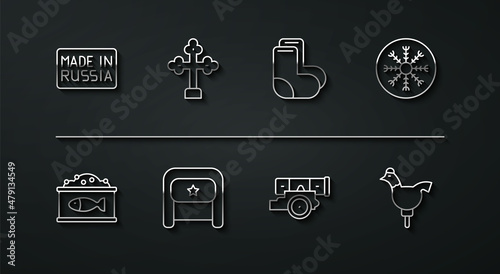 Set line Made in Russia, Tin can with caviar, Snowflake, Cannon, Ushanka, Christian cross, Cockerel lollipop and Valenki icon. Vector