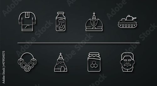 Set line Kosovorotka, Russian bagels, Military tank, Jar of honey, The Tsar bell, Pickled cucumbers in jar, Joseph Stalin and King crown icon. Vector