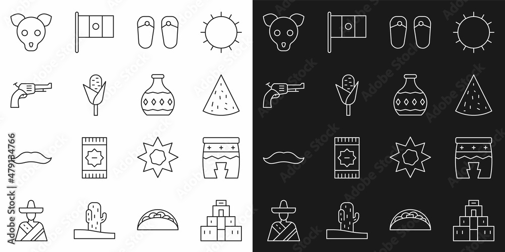 Set line Chichen Itza in Mayan, Huehuetl, Nachos, Flip flops, Corn, Revolver gun, Dog and Tequila bottle icon. Vector